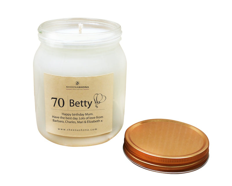 70th Happy Birthday Personalised Soya Wax Large Honey Jar Candle